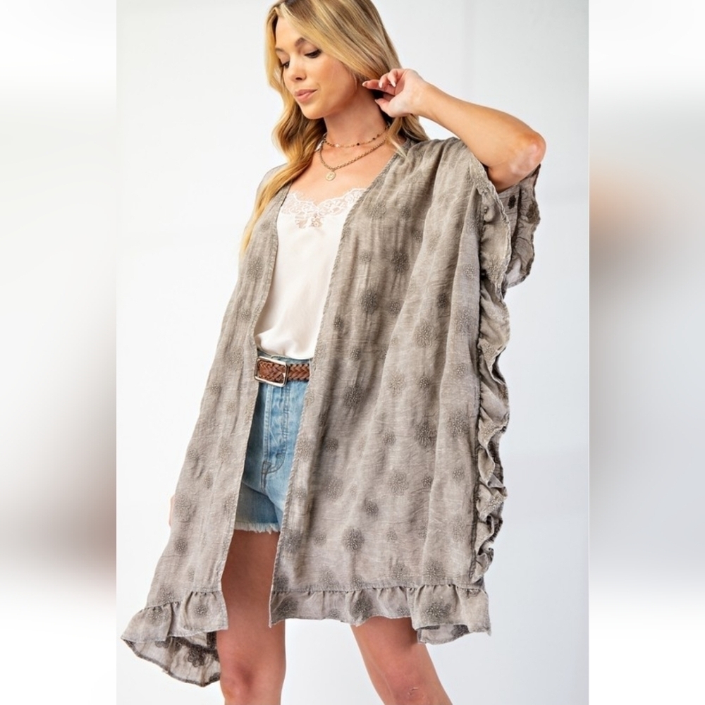 Easel Embroidered Gray Grey Ruffled Kimono Coverup New